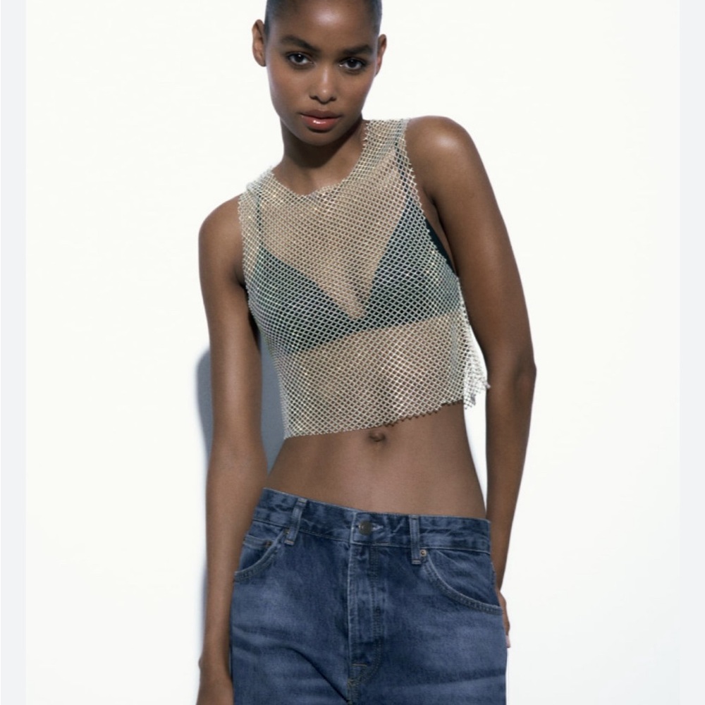 ZARA Mesh Rhinestone Tank Top Sz S